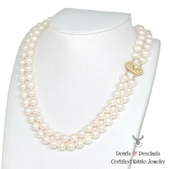 Diamond Akoya Pearl Necklace 8 mm 14k Gold 2-Strand Certified $9,750 010933 - Picture 8 of 8